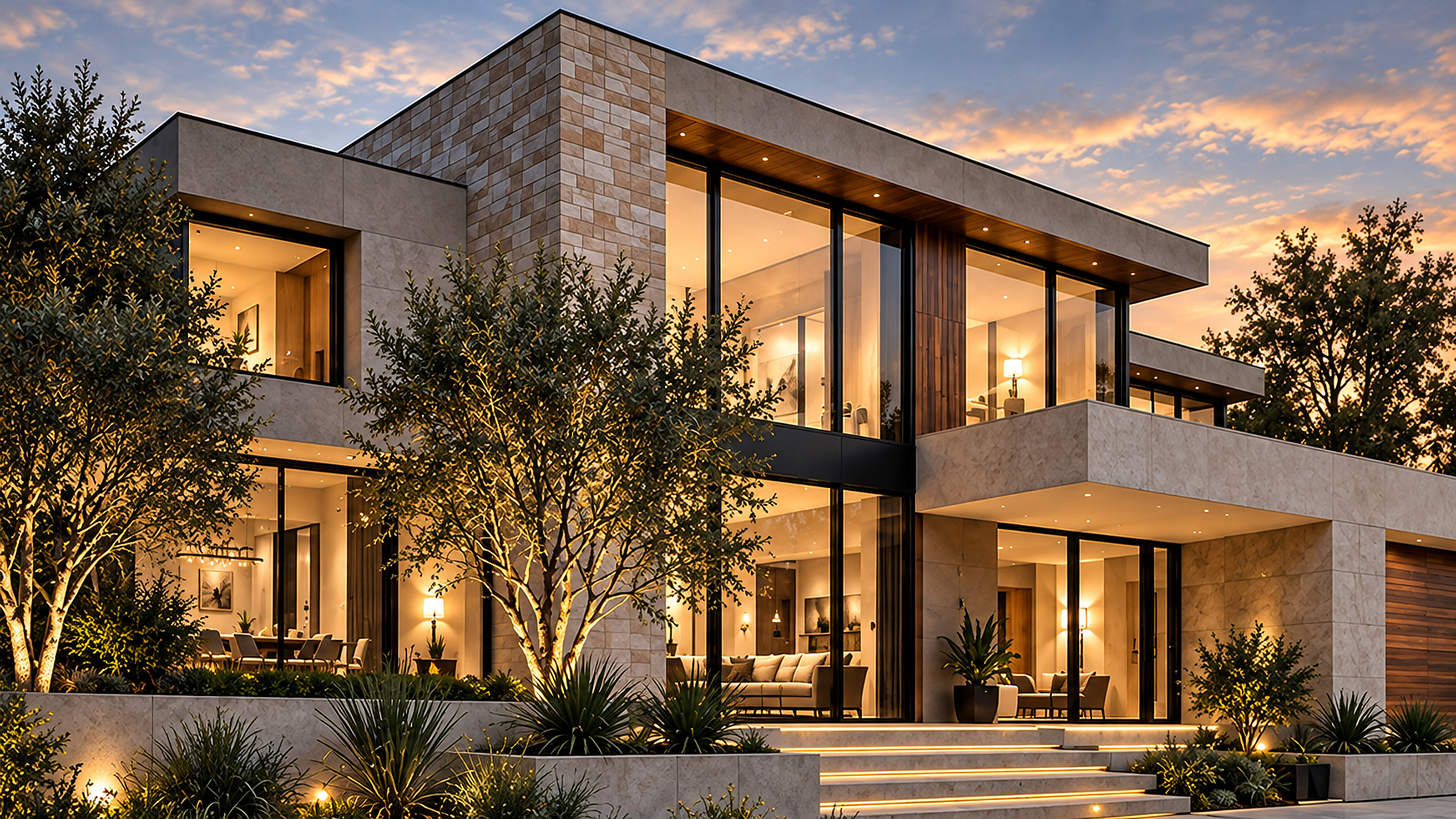 Contemporary modern home exterior at dusk